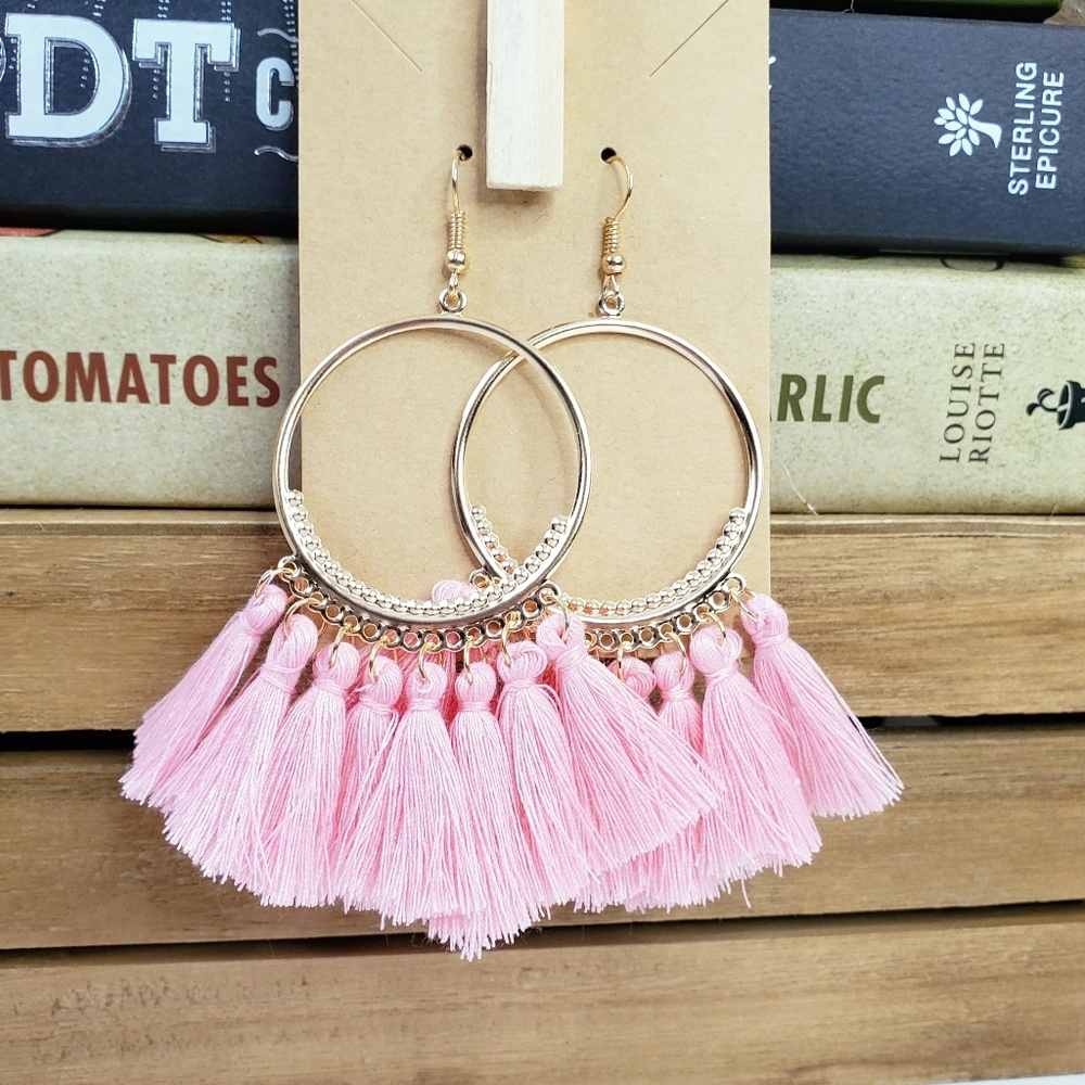NWT Soft Pink Cotton Tassle Boho Dangle Hoops